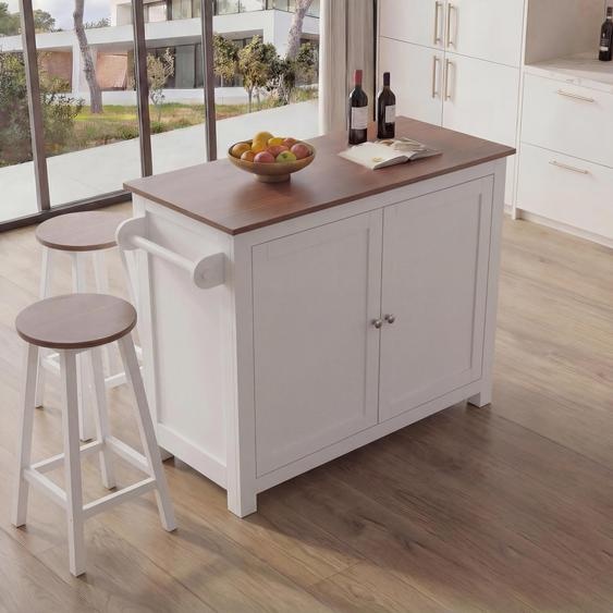 Îlot de cuisine HWC-P61 avec 2 tabourets, armoire de cuisine, tiroir, compartiments de rangement, MDF 90 x 120 x 45 cm ~ blanc, bois clair