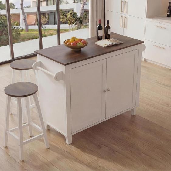 Îlot de cuisine HWC-P61 avec 2 tabourets, armoire de cuisine, tiroir, compartiments de rangement, MDF 90 x 120 x 45 cm ~ blanc, bois foncé