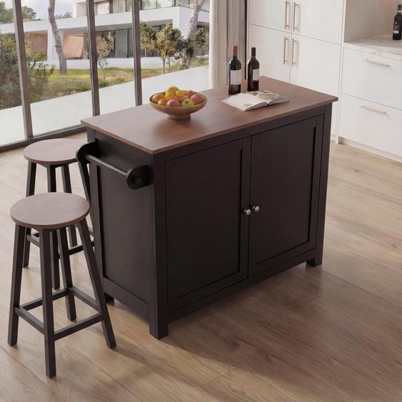 Îlot de cuisine HWC-P61 avec 2 tabourets, armoire de cuisine, tiroir, compartiments de rangement, MDF 90 x 120 x 45 cm ~ noir, bois foncé