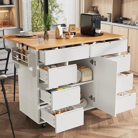 Îlot de cuisine - Îlot de cuisine moderne et mobile, équipé dun plan de travail et de 8 tiroirs, monté sur roulettes