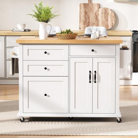 Îlot de cuisine mobile blanc à roulettes. Table extensible et tiroirs multifonctionnels.