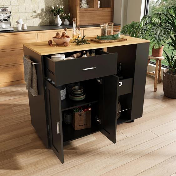 Îlot de cuisine mobile - Chariot de cuisine - Bois - Bac de rangement amovible - Plan de travail en chêne - Armoires de rangement - Design moderne et minimaliste - Noir