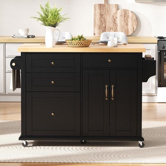 Îlot de cuisine mobile Fortuna Lai avec roulettes et table à rallonge, chariot de cuisine avec  tiroirs multifonctions, idéal pour la cuisine et la salle à manger  (noir)