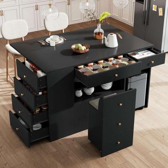Îlot de cuisine modulable avec tiroirs et tabourets de bar, meuble de cuisine moderne pour votre cuisine, 140 x 70 x 40 x 89 cm. Noir