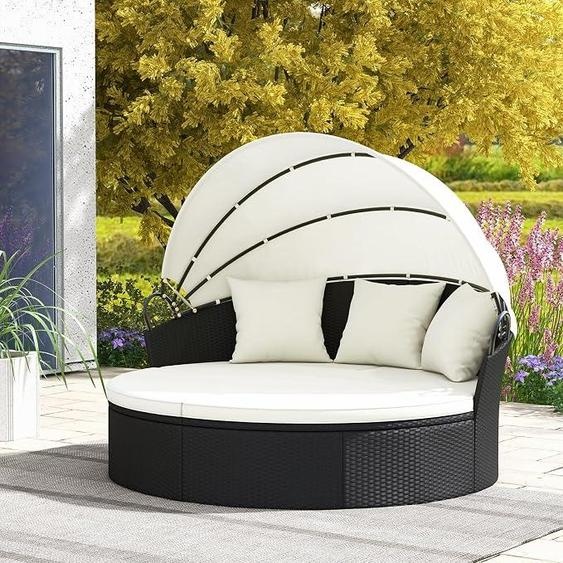 Îlot de détente avec coussins, pare-soleil pliable, tonnelle de jardin en rotin, ensemble de transats dextérieur pour 2 à 3 personnes, salon de jardin pour terrasse (blanc)