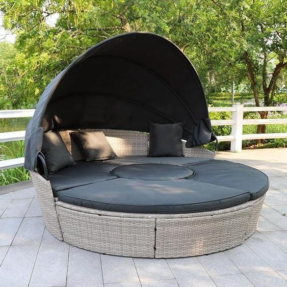 Îlot de jardin en résine tressée avec auvent pliable, 180 cm, comprenant coussins, housses et protection contre la pluie. Couleur : gris clair