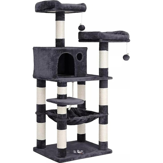 In And OutdoorMatch Arbre à chat Cleveland - 143cm - Pour chats - Gris fumé - Lit-hamac moelleux pour chats - Jouets pour chats - Convient aux petits chatons