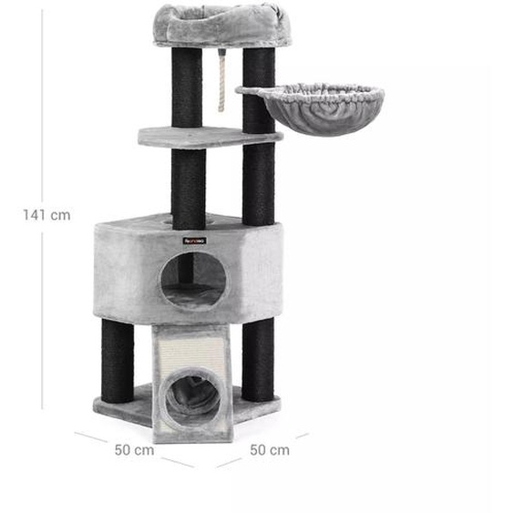 In And OutdoorMatch Arbre à chat de luxe pour chats Ilovo - Gris - Hamac panier souple pour chats - Jouets pour chats - Convient aux petits chatons - 141 x 50 x 141 cm