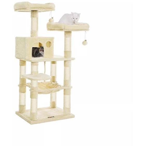 In And OutdoorMatch Arbre à chat Tyrique - 143cm - Jouets pour chats - Pour chats - Couleur crème - Lit-hamac moelleux pour chats - Convient aux petits chatons