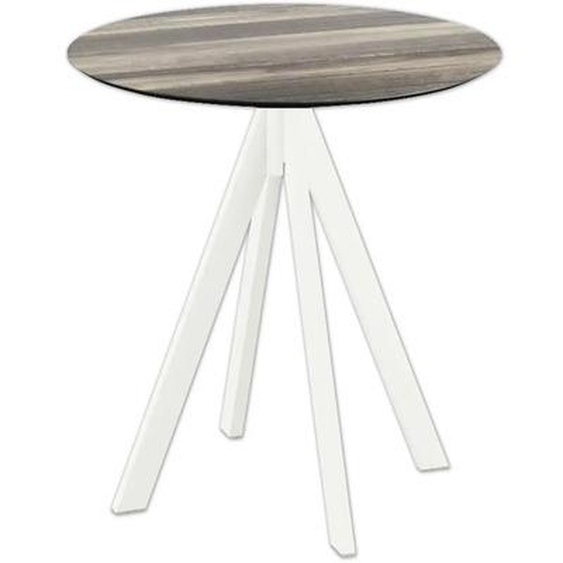 Infinity - Table de terrasse, structure blanche + plateau en stratifié imitation bois tropical, Ø70 cm, 1 pièce