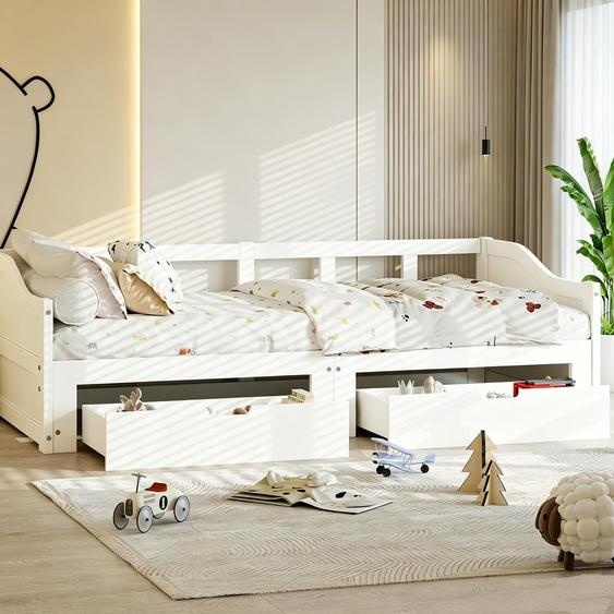 INONEFT, lit de jour convertible en canapé 90/180x200 cm, canapé-lit avec 2 tiroirs, combinaison lit-canapé, structure en bois massif, sans matelas, couleur blanche.