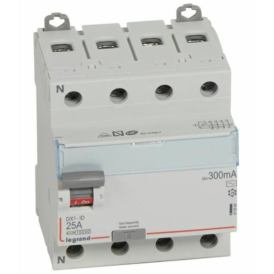 Interrupteur différentiel DX³-ID arrivée haute et départ bas à vis 4P 400 V type AC 4 modules 300mA 25A - LEGRAND - 411664