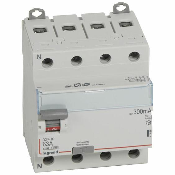 Interrupteur différentiel DX³-ID arrivée haute et départ bas à vis 4P 400V type AC 4 modules 300mA 63A - LEGRAND - 411666