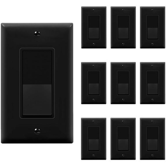 Interrupteur unipolaire 15A, noir, lot de 10, avec plaque de montage