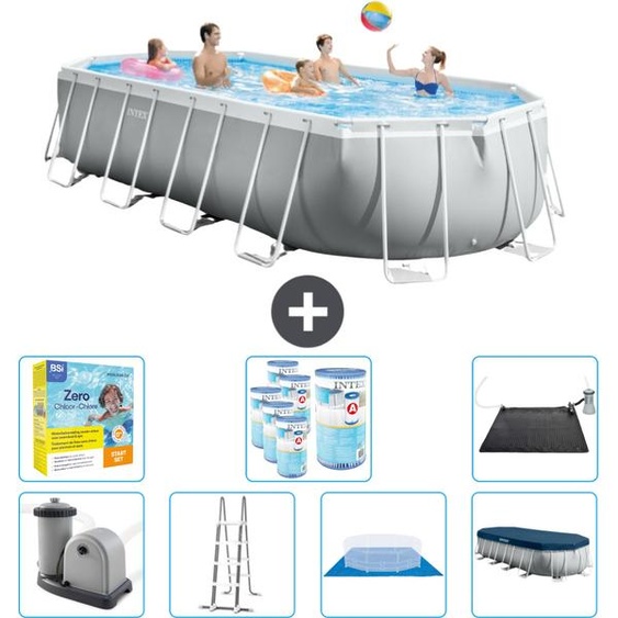 Intex Oval Prism Frame Piscine - 610 x 305 x 122 cm - Gris - pompe - échelle - bâche de fond - kit de maintenance de la couverture - filtre - tapis solaire inclus