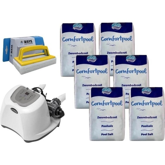 Intex - Système deau salée 26670GS & sel de piscine 120 kg & brosse à récurer WAYS