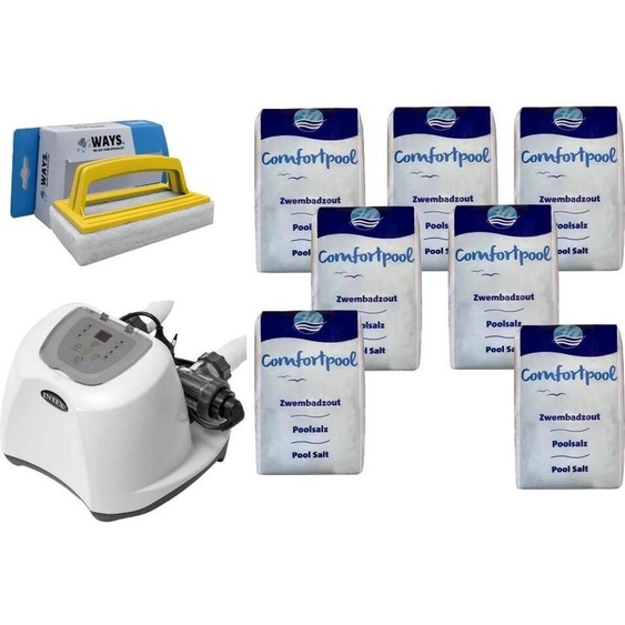 Intex - Système deau salée 26670GS & sel de piscine 140 kg & brosse à récurer WAYS
