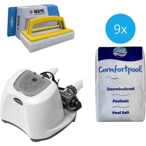 Intex - Système deau salée 26670GS & sel de piscine 180 kg & brosse à récurer WAYS