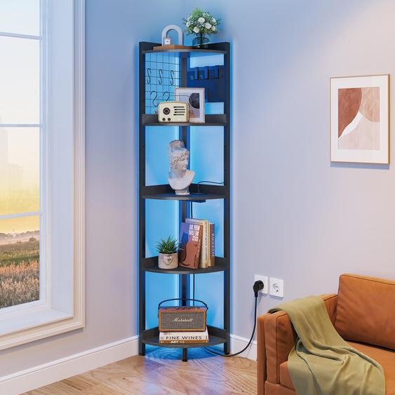Iropro Étagère dangle 5 niveaux avec prises de courant, 170 cm de haut Étagère sur pied avec éclairage LED, bibliothèque pour salon, chambre à coucher, bureau, noir