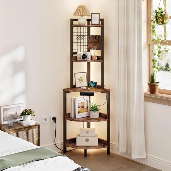 iropro étagère dangle 5 niveaux avec prises de courant, étagère sur pied avec éclairage LED, étagère de rangement pour salon, cuisine, brun vintage+noir, 40x40x152cm