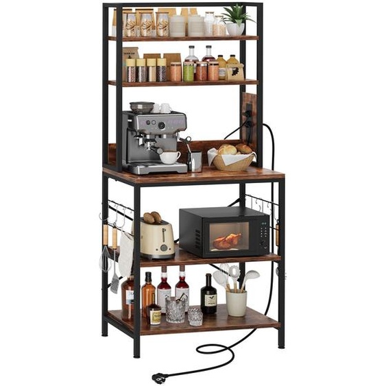 iropro Étagère de cuisine 5 étages Étagère sur pied avec prises de courant, Étagère de boulangerie indépendante Vintage, 6 crochets en S, 70x40x165cm,Marron vinta+noir