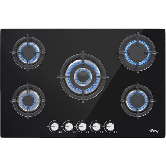 Iseasy - Plaque à Gaz 5 Feux, Plaque à Gaz, Plaque de Cuisson à Gaz Avec 5 Foyers, Gaz Naturel/Propane/Butane (5 Brûleurs)
