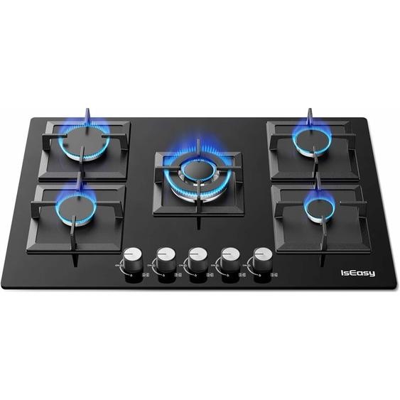 Iseasy - Plaque de Cuisson Gaz 5 Feux Encastrable, Table de Cuisson à Gaz 5 Feux, Cuisinière à gaz, Plaque à Gaz 5 feux