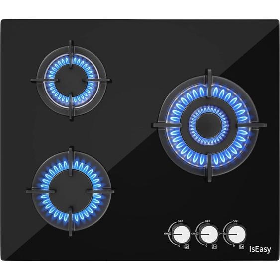 Iseasy - Plaque Gaz 3 Feux, Plaque de Cuisson à Gaz, Plaque à Gaz Avec 3 Foyers à Gaz, Cuisinière Encastrable, Gaz Naturel/Propane (3 Brûleurs)