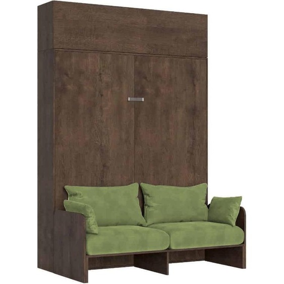 Lit Double Escamotable Kentaro 160 Cm Avec Canapé Et Élément Mural En Noyer, Vert