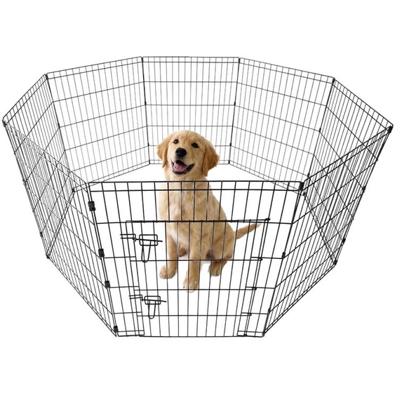 IvoQ Parc à chiots & parc pour chiens - Pliable avec porte - 8 panneaux (76x61 cm) - Intérieur & extérieur - Métal noir