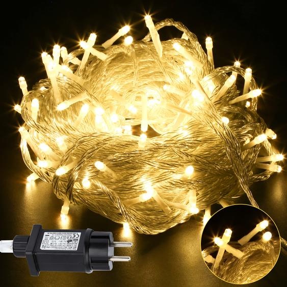 Izrielar 20M LED Guirlande lumineuse 200LEDs 8 modes avec fonction de mémoire, Noël Fête Jardin Utilisation Effet détoile scintillante Décoration Câble transparent Blanc chaud