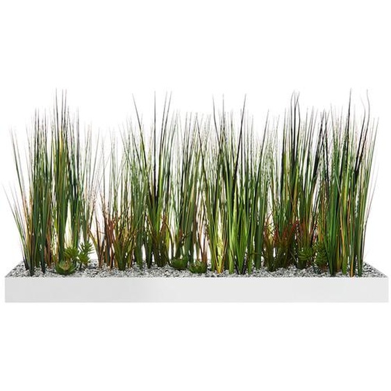 Jardinière artificielle basse - Composition florale en herbe - L 80 cm - Blanc