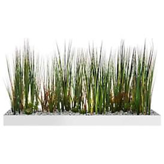 Jardinière artificielle basse - Composition florale en herbes - L 120 cm - Blanc
