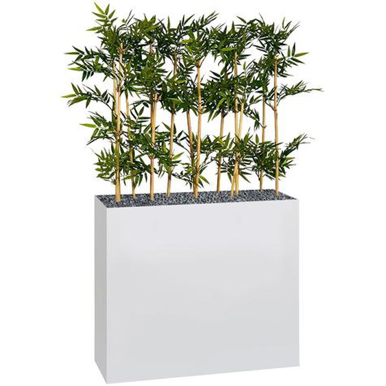 Jardinière artificielle haute sur roulettes - Composition florale en bambous - Blanc
