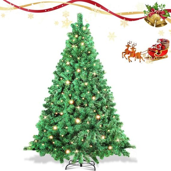 Jayseuw Sapin de Noël artificiel 210cm avec éclairage LED 400 LED blanc chaud y compris pied métallique avec 1200 pointes Sapin de Noël PVC vert