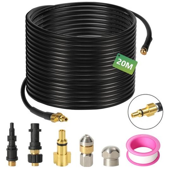 Jayseuw tuyau flexible haute pression pour nettoyage de tuyaux, 20m, 160 bar, compatible avec Kärcher, K2, K3, K4, K5, K6, incl. adaptateur, buses fixes + rotatives