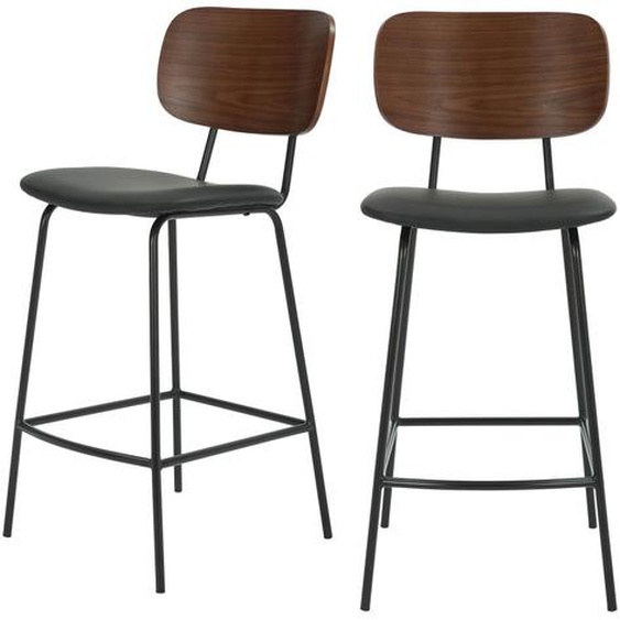 Jens - Lot de 2 chaises de bar en bois foncé, simili et métal H66cm - Couleur - Noir