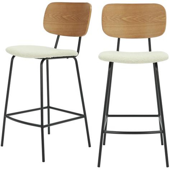 Jens - Lot de 2 chaises de bar en bois, tissu bouclette et métal H66cm - Couleur - Ecru