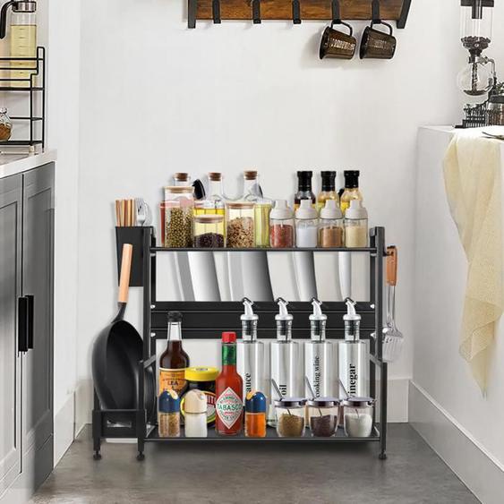 JEOBEST Étagère à épices, 2 étages, Rangement de Cuisine, avec Cage à Baguettes, Support pour Planche à Découper, Crochets