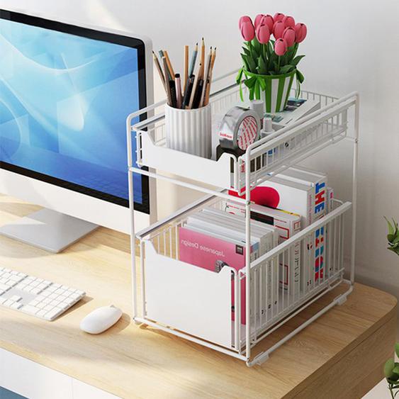 JEOBEST Meuble sous-evier,Étagère de rangement pour cuisine et salle de bain à 2 niveaux de type tiroir, Blanc