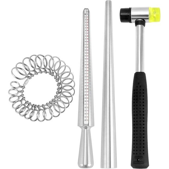 Jeu de 4 outils de mesure de tailles de bagues, en aluminium, avec maillet en caoutchouc, pour la bijouterie