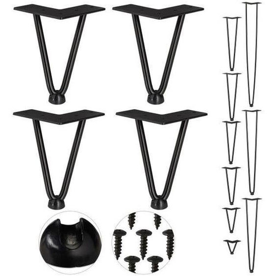 Relaxdays Pieds en épingle à cheveux, jeu de 4, 2 entretoises, en métal, tabourets, table et armoire,15 cm de h  noir