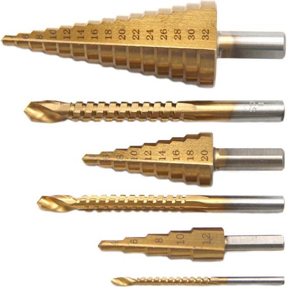 Jeu de 6 forets hélicoïdaux à étages en acier HSS revêtu de titane pour le bois et le métal, adaptés aux projets de bricolage dans le plastique, le bois et le métal.