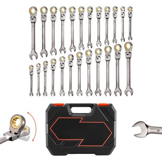 Jeu de clés à cliquet à tête flexible SucceBuy, 24 pièces, métriques et SAE, 72 dents, en acier Cr-V, avec coffret de rangement pratique, idéal pour les réparations automobiles, gris-nickel