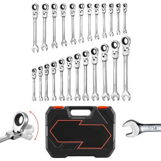 Jeu de clés à cliquet à tête flexible SucceBuy, 24 pièces (métriques et SAE) avec mécanisme à 72 dents, clés à anneau durables en acier au chrome-vanadium avec coffret de rangement pratique, idéal pour les travaux de bricolage et lentretien des véhicules