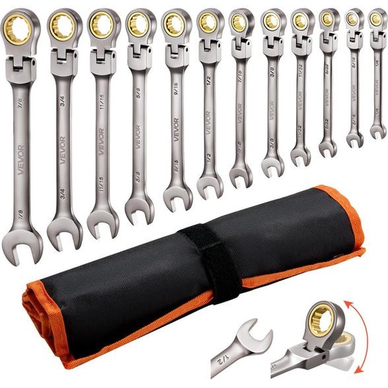 Jeu de clés à cliquet à tête flexible VEVOR, 12 pièces, SAE 72 dents, jeu de clés à cliquet en acier Cr-V avec sac de rangement, clés à fourche pour les réparations domestiques et automobiles, nickel gris