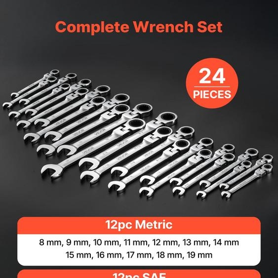 Jeu de clés à cliquet à tête flexible VEVOR, 24 pièces (métrique et SAE) 72 dents, jeu de clés à cliquet en acier Cr-V avec coffret de rangement, clés à fourche pour les réparations domestiques et lentretien des véhicules