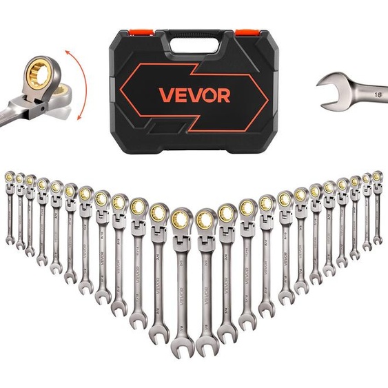 Jeu de clés à cliquet à tête flexible VEVOR, 24 pièces, métrique SAE 72 dents, clés à cliquet en acier Cr-V avec coffret de rangement, clés à fourche, clés à cliquet pour réparations automobiles, nickel gris