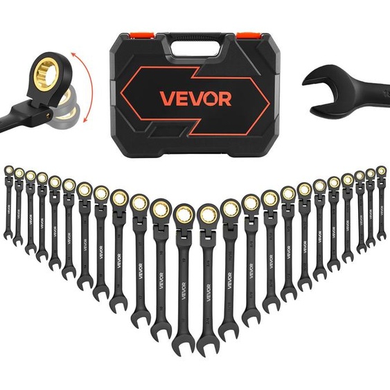 Jeu de clés à cliquet à tête flexible VEVOR, 24 pièces, métrique SAE 72 dents, jeu de clés à cliquet en acier Cr-V avec coffret de rangement, clés à fourche pour les réparations domestiques et automobiles