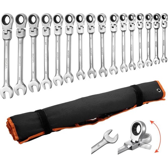 Jeu de clés à cliquet à tête flexible VEVOR, 30 pièces, métrique SAE 72 dents, jeu de clés à cliquet en acier Cr-V avec sac de rangement, clés à fourche pour les réparations domestiques et automobiles